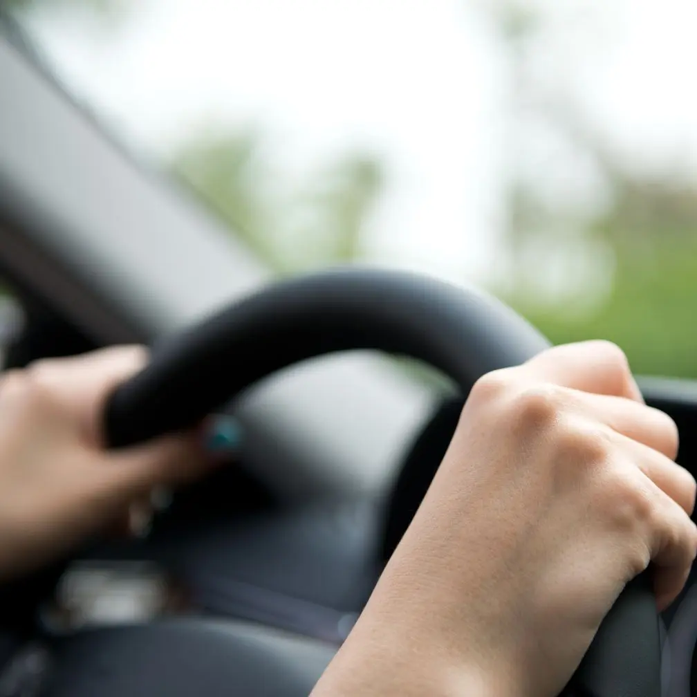 Close-up of two hands gripping a black steering wheel inside a car, with a blurred view of greenery visible through the window in the background.